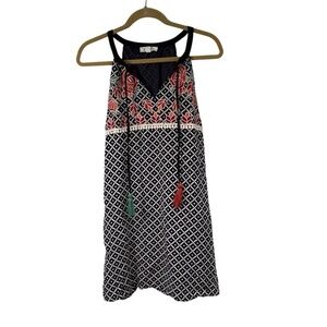 THML‎ Anthropologie Black Shift Mini Embroidered Geometrical Boho Dress XS